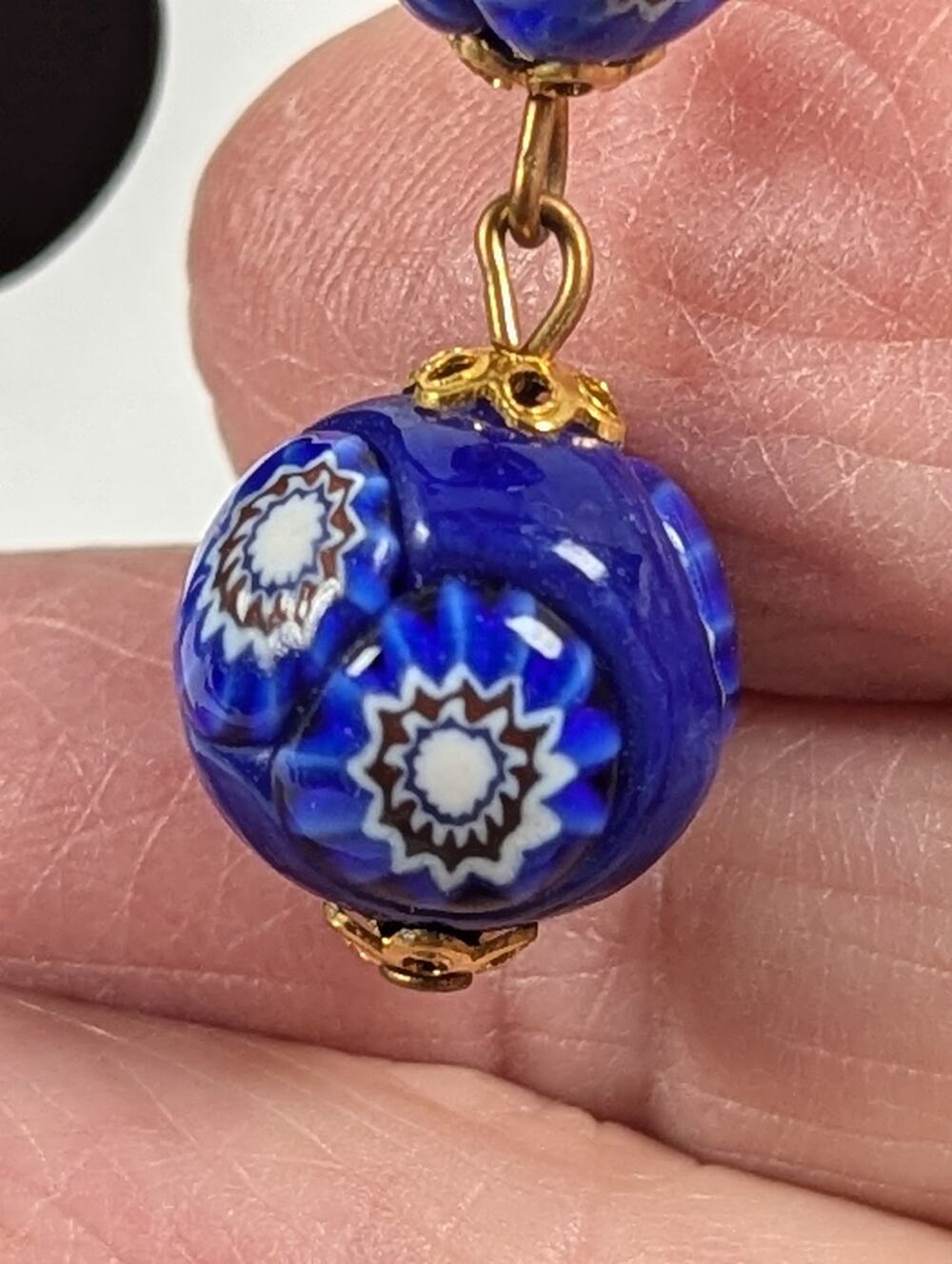 Vintage Cobalt Blue Millefiori Glass Earrings, Murano Venetian Bead Retro 1970s